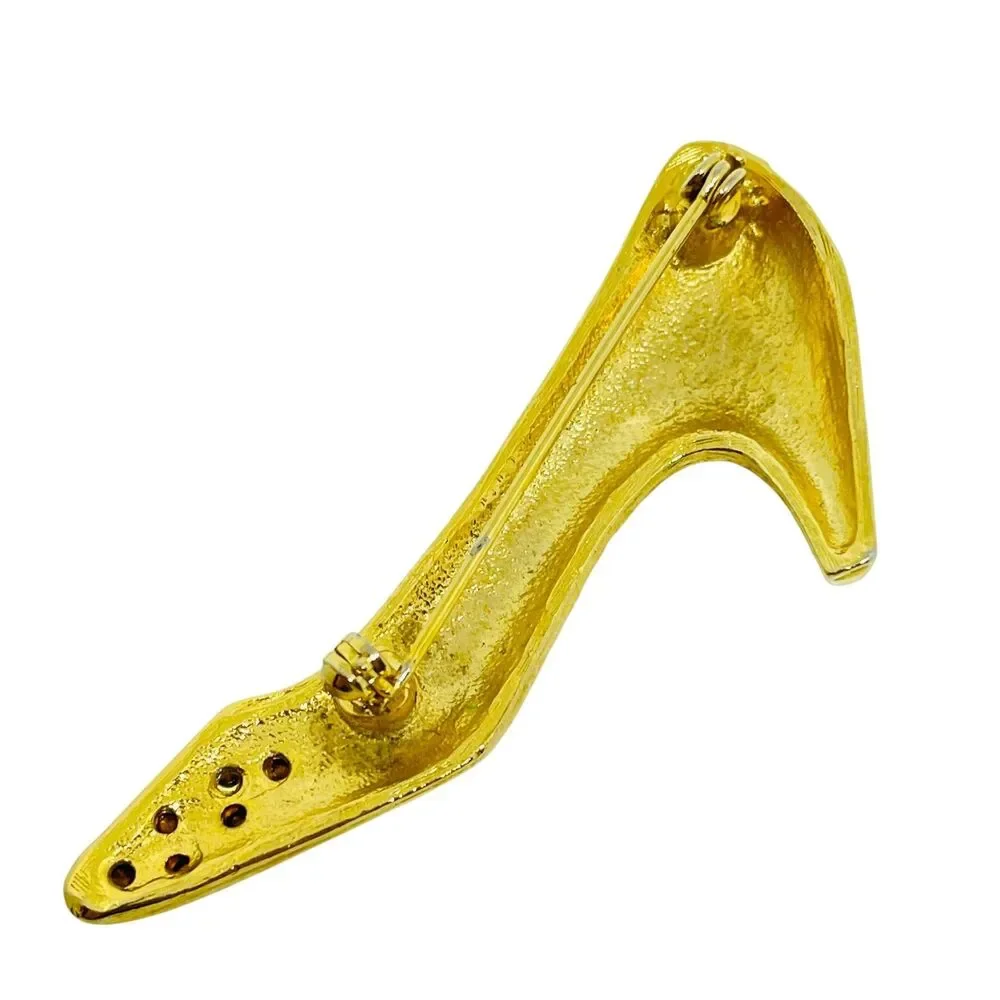 Vintage gold tone rhinestone ladies shoe designer brooch